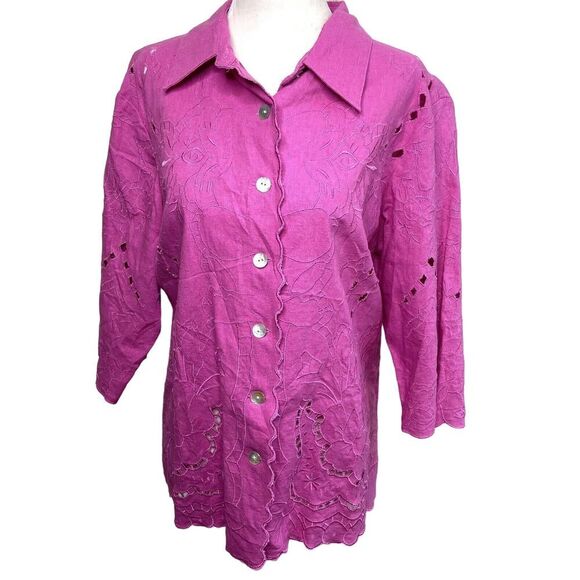 Susan Graver Linen Blend Embroidered Lace 3/4 Sleeve Blouse Pink Size Large - Picture 1 of 10